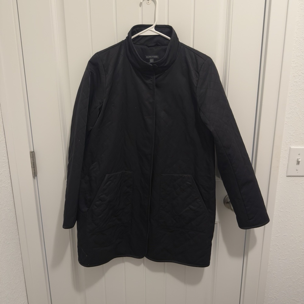 Eileen Fisher Women's Quilted Black Jacket Fleece Lining Snap Closure Size XS